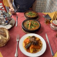Whole spread with mint tea and complimentary bread  at La Rose Du Sud in Essaouira