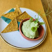 Avocado cashew dip with raw crackers  at Soul Kitchen in Sofia