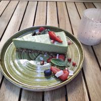 Delicious vegan white chocolate, basil, pear and lime cake.  at Soul Kitchen in Sofia