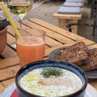 Cucumber soup, fresh  juice, sweet potatoe walnut bread   at Soul Kitchen in Sofia