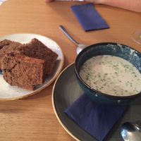 Almond milk soup with pumpkin bread at Soul Kitchen in Sofia