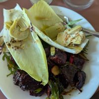 Two-salad plate: endive & artichoke and roasted sweet-potato in soy glaze at Café Petiole in London