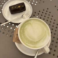 Pistaccio vegan cheesecake and matcha latte with oat milk  at Energy Life Kitchen - ELK in Kaunas