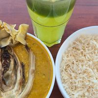 Amazing lentil soup and green drink. at Maran Vegan in Vienna