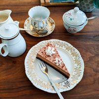 Chocolate mousse cake and tea at V-Cake at V-Cake Cafe in Dresden
