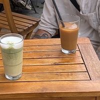 Matcha latte and ice coffee on oat milk.  at V-Cake Cafe in Dresden