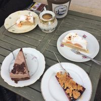 peaches and cream cake (top)
mocha cake (bottom left)
plum crumble cake (bottom right) at V-Cake Cafe in Dresden