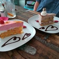 Raspberry yogurt cake and hazelnut wafer cake. at Chaostheorie in Berlin