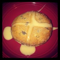 Vegan hot cross bun. I made the frosting myself.  at Big Life Whole Foods Bakery in Dartmouth