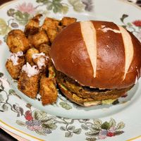 Lentil burger with potatoes   at Tiny Rebels in Crete