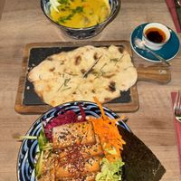 Tom Kha soup with tofu, rice bowl, pinsa apero: sourdough focaccia & homemade chili oil   at Manud in Zermatt