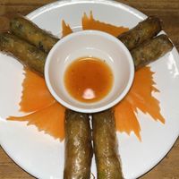 Spring rolls with sweet chilli sauce and carrot shapes  at Sapa Vegan Kitchen in Sapa