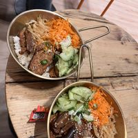 Vegan ”chicken” and rice in the XL meal (tempeh, mushrooms and tofu)  at Mr Dumpling  in Bremen