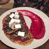 Beetroot humus, mushroom and 'feta' toastie at Kuala  in Leiria