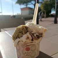 Vegan pistache, pear, and bounty ice cream at Gelateria Ricci in Follonica