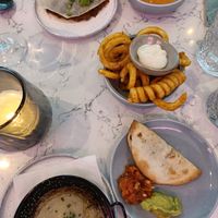 Quesadilla, "coquilles", Fries, soup and something with mushrooms at Rozey in The Hague