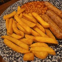 Vegan sausage, chips and beans at The King of Wessex in Bath