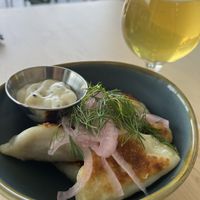 Delicious cheese & dill perogies 😋  at Connector Brewing in Westbank