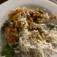 Entree and rice at Clay Pit in Austin