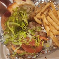 Impossible burger and fries at Bar Louie in Allen