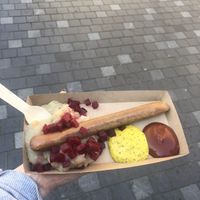 Tofu sausage with parsnip puree, beets, ketchup and Danish mustard at Den Okologiske Polsemand - Food Stall in Copenhagen