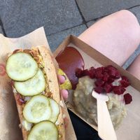 Hot dog n potato mash at Den Okologiske Polsemand - Food Stall in Copenhagen