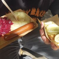 Tofu sausages with roots and the regular roast hotdog at Den Okologiske Polsemand - Food Stall in Copenhagen
