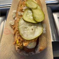 Vegan sausage with classic toppings at Den Okologiske Polsemand - Food Stall in Copenhagen