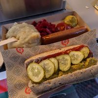 vegan tofu hot dogs: in a bun and with mashed potatoes at Den Okologiske Polsemand - Food Stall in Copenhagen