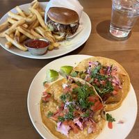steakhouse burger with fries + baja tacos  at Veggie Grill by Next Level in La Jolla