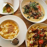 Buffalo chicken wrap, Mac n cheese, Meatball + polenta bowl, Kung fu fries at Veggie Grill by Next Level in La Jolla