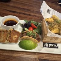 Tapas Platter - (3) Impossible Gyoza, (1) Impossible Taco, Tempura Brussel Sprouts  at JINYA Ramen Bar in Oklahoma City