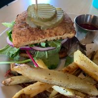 Black bean burger with baked fries ❤️ at The Cutting Board Bakery and Cafe in Mesa