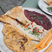 Mezze, sweet potato, Original and beetroot hummus at Made in Blue in Sofia