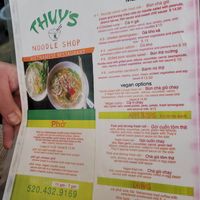 Menu showing items listed as Vegan Options that we discovered were not vegan:  The "Vegan Fried Rolls" are made with eggs and they are not vegan at Thuy's Noodle Shop in Bisbee