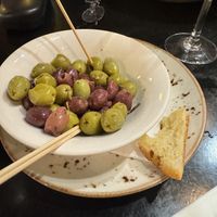 Olive bowl with Garlic breadd  at Freddy's in Galway