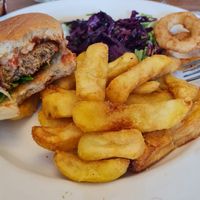 Plant based burger and home made chips (sourced from a farmer down the road and peeled / chipped on site) at The Bentley Brook Inn in Ashbourne