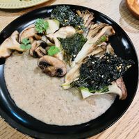 Thick mushroom soup. No spoon given  at Komorebi Kitchen in Kyoto