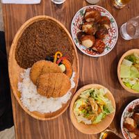 Katsu and vegan takoyaki, which came with a separate salad! at Pivot BASE Cafe & Bar ＠Dotonbori in Osaka
