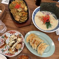 Yakisoba, tonkotsu ramen, gyoza and takoyakii  at Pivot BASE Cafe & Bar ＠Dotonbori in Osaka
