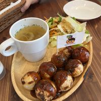 Vegan Takoyaki Set Menu with Soup and Salad  at Pivot BASE Cafe & Bar ＠Dotonbori in Osaka