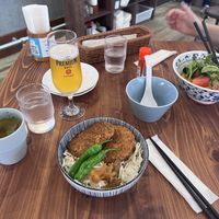 Cutlet, rice and soup and a cold ramen. Great lunchh  at Pivot BASE Cafe & Bar ＠Dotonbori in Osaka