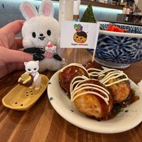 Takoyaki. This was absolutely delicious. Crispy on the outside and warm on the inside. The vegan mayo added a great creaminess to it as well. Highly recommend! at Pivot BASE Cafe & Bar ＠Dotonbori in Osaka