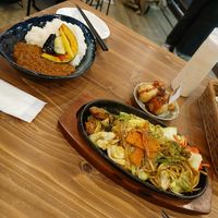 Fried noodles, curry, tipical Osaka fried rice balls at Pivot BASE Cafe & Bar ＠Dotonbori in Osaka