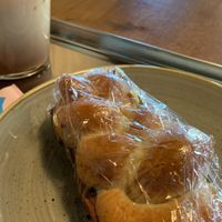 Chai latte and “meat” sandwich   at Bakery Bakery  - Schaffhauserplatz in Zurich