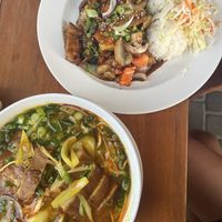bun soup and kung pao with mock dock pieces  at Hoang Tofu in Bratislava