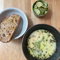 Dill soup and cucumber salad at Chef & Co in Prague