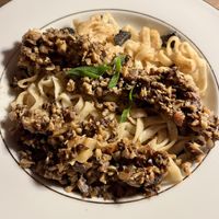 Black Garlic Pasta w/added mushrooms. The black garlic made this dish. It had a bit of a sweet and umami combo flavor that really brightened up, and paired perfectly with the pasta at Free Spirited in Alhambra