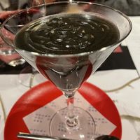 Vegan dessert: hot black sesame cream. A bit watery at Out of China in Barcelona