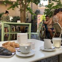 1 Brioche Charcoal, 3 Brioche simplice, 1 cappuccino di soia, 1 latte macchiatto di soia   at Pasticceria Cassera Moretti in Menaggio